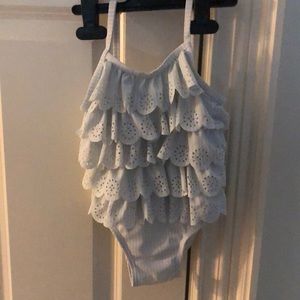 GAP Pale green & white striped ruffled swim suit